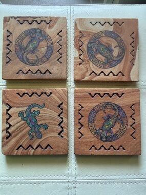 Thirstystone Southwestern Wood Coaster Set with Green and Blue Lizard Accents